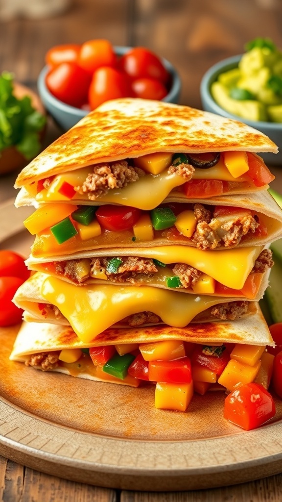A golden brown 7-layer quesadilla with melted cheese and colorful vegetables, served with salsa and guacamole.
